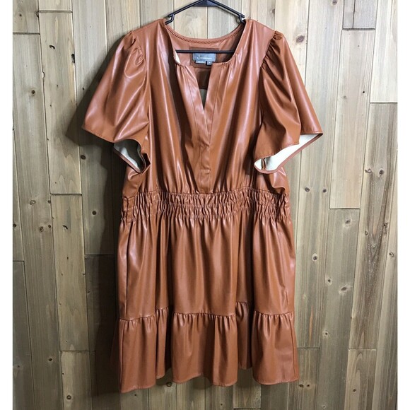 Anthropologie Womens The Somerset Faux Brown Vegan Leather Midi Dress Sz 2X - Picture 1 of 12
